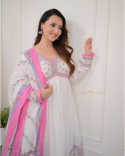 White & Pink Alia Cut Mulmul Cotton Afghani Anarkali Suit Set 