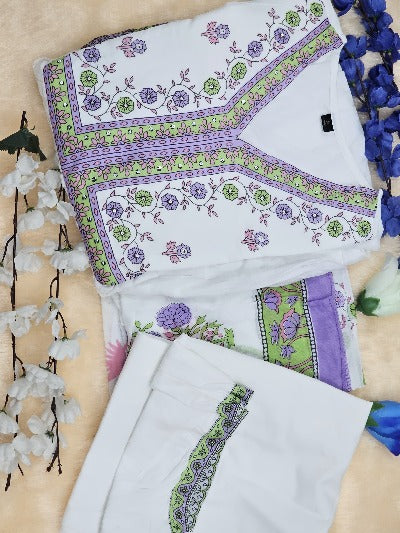 White & Purple Alia Cut Mulmul Cotton Afghani Anarkali Suit Set
