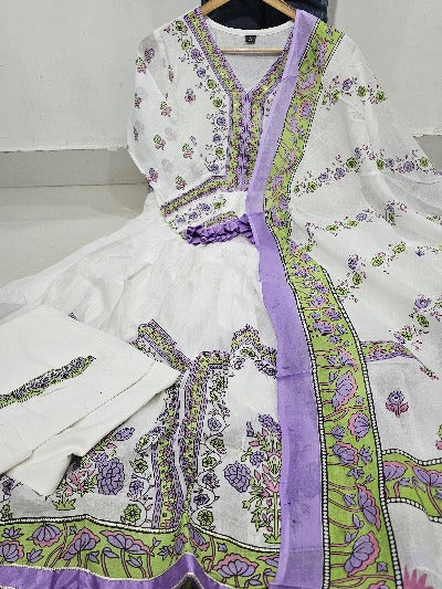 White & Purple Alia Cut Mulmul Cotton Afghani Anarkali Suit Set