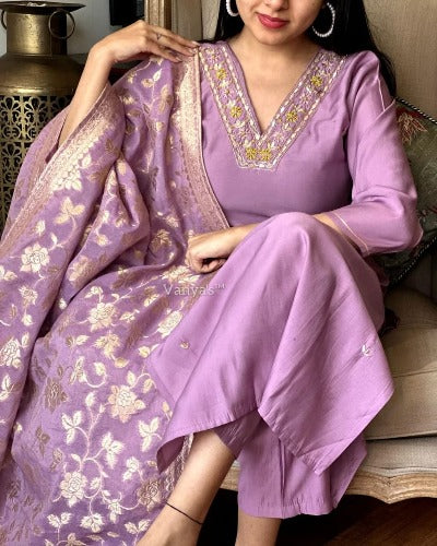Lilac Elegant Hand Embroidered  Suit With Banarasi Dupatta