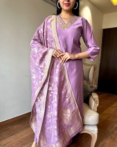Lilac Elegant Hand Embroidered  Suit With Banarasi Dupatta