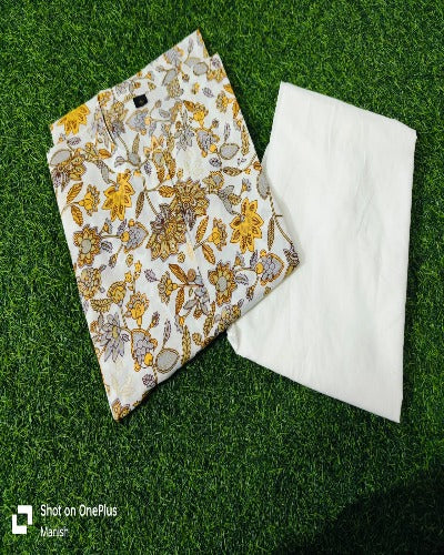 White With Yellow Floral Print Jaipuri Kurti Pant Set Of 2