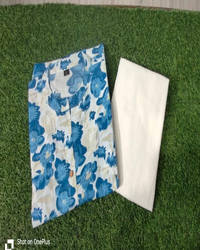 White With Blue Floral Print Jaipuri Kurti Pant Set Of 2
