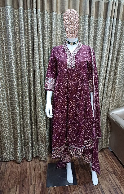 Maroon Bandhani Print Heavy Embroidery Anarkali Suit Set