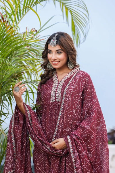 Maroon Bandhani Print Heavy Embroidery Anarkali Suit Set