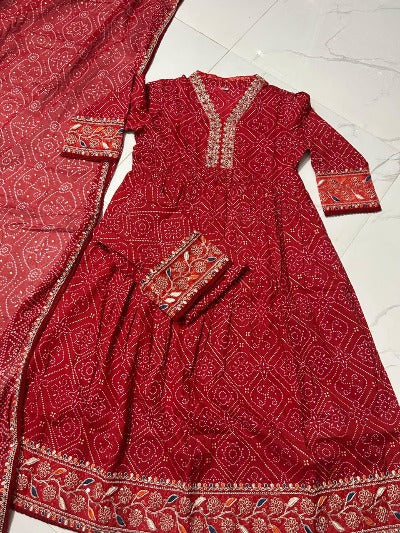 Red Bandhani Print Heavy Embroidery Anarkali Suit Set