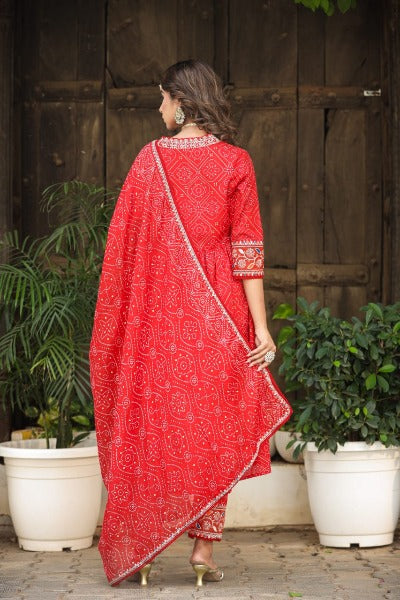Red Bandhani Print Heavy Embroidery Anarkali Suit Set