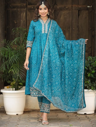 Blue Bandhani Print Heavy Embroidery Anarkali Suit Set 