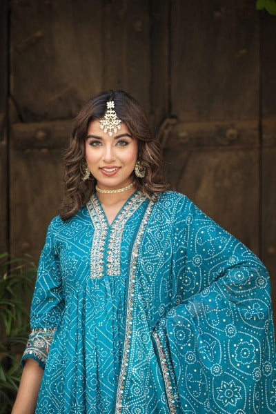 Blue Bandhani Print Heavy Embroidery Anarkali Suit Set 
