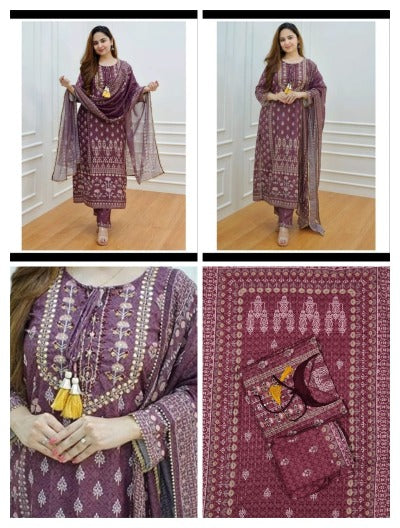 Designer Burgandy Muslin Suit Dupatta Salwar Set of 3
