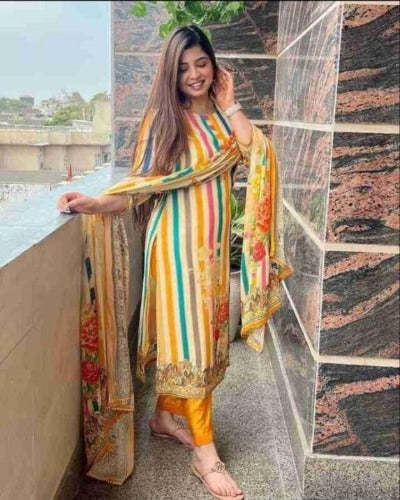 Designer Multicolor Muslin Suit Dupatta Salwar Set of 3