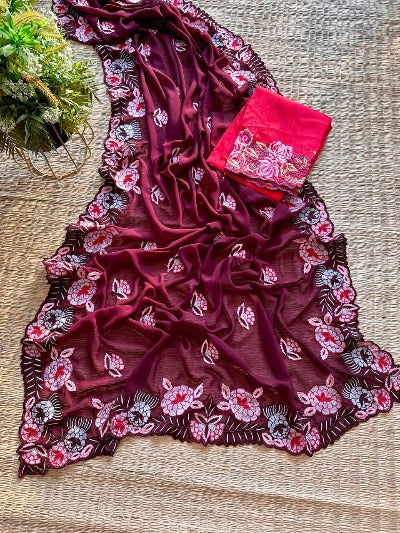 Brown Georgette Silk Floral Embroidered Saree
