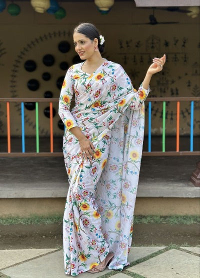 1 Min White Chinon Silk Floral Stitched Readymade Saree