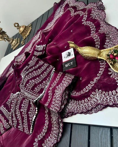 Pure Jimmy Choo Satin Sequenced Saree With Readymade Stitched Blouse