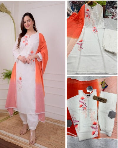 White Cotton Embroidered Afghani Style Salwar Suit Set
