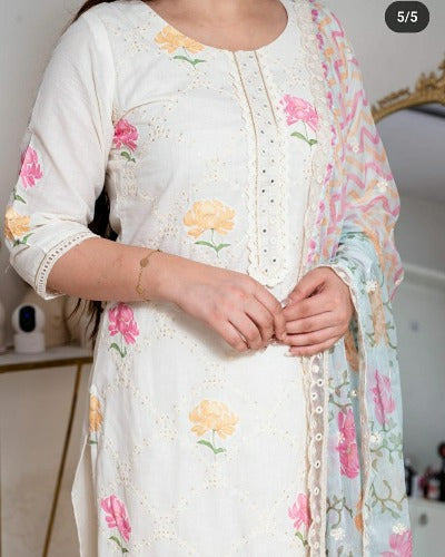 Elegant White Cotton Embroidered Salwar Suit Set 