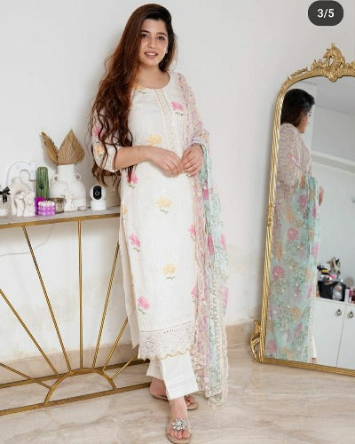 Elegant White Cotton Embroidered Salwar Suit Set 