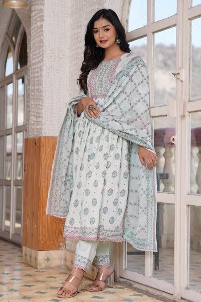 White Nyra Cut Cotton Embroidered Anarkali Suit Set