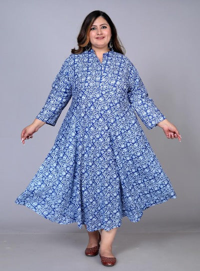 Plus Size Blue Flair Cotton Printed Gown 1PC