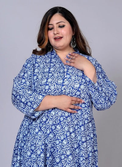 Plus Size Blue Flair Cotton Printed Gown 1PC