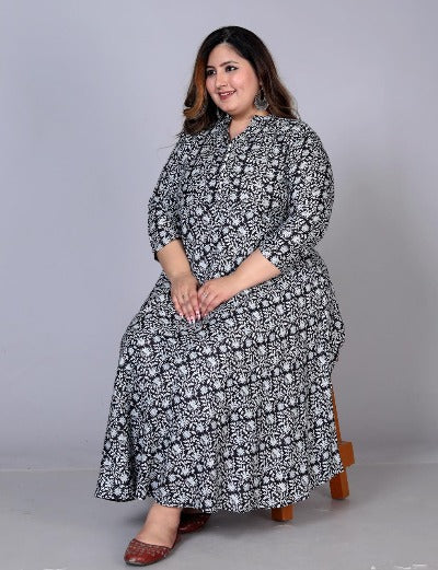 Plus Size Black Flair Cotton Printed Gown 1PC