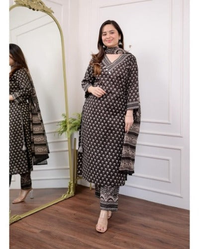 Black Cotton Floral V Neck Salwar Suit Set