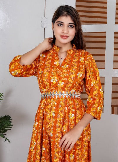 Yellow Floral Print Cotton Gown With Belt 1Pc