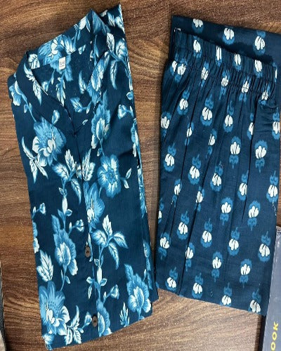 Navy Blue Jaipuri Floral Print Kurti Pant Set Of 2