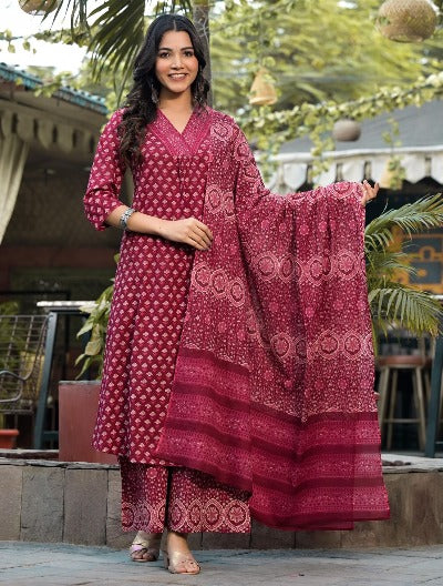 Red Summer Special Cotton Embroidered Salwar Suit Set