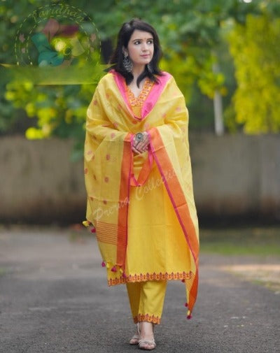 Yellow Handloom Cotton Embroidered Salwar Suit Set