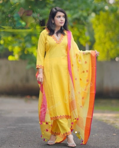 Yellow Handloom Cotton Embroidered Salwar Suit Set