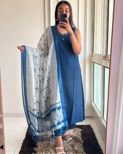Denim Blue Cotton Sleeveless Suit With Khadi Silk Dupatta