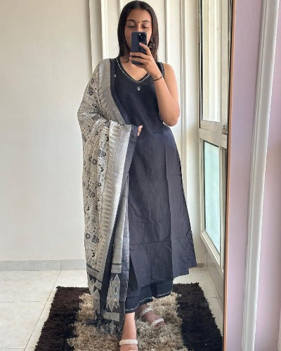 Black Cotton Sleeveless Suit With Khadi Silk Dupatta