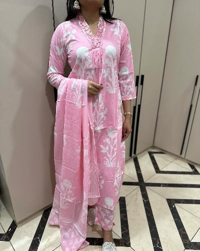 Pink Cotton V Neck Pithan Work Salwar Suit Set