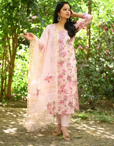 Light Pink Cotton Floral Suit Witth Kota Doriya Dupatta