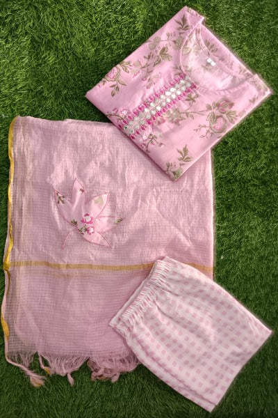 Light Pink Cotton Floral Suit Witth Kota Doriya Dupatta