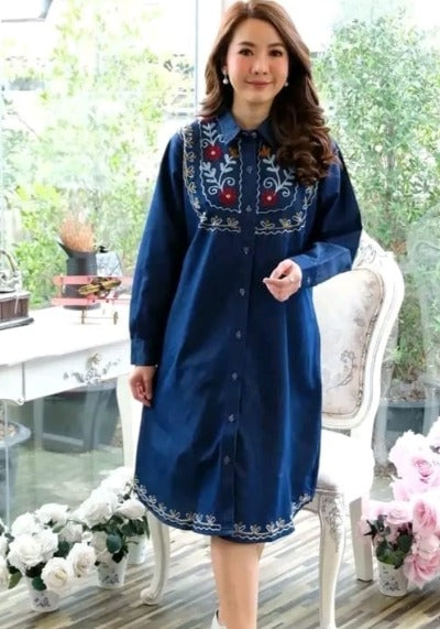 Denim Blue A-Line Embroidered Kurti Dress 1pc