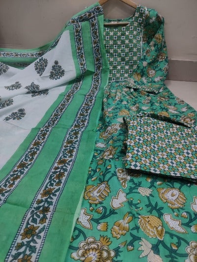 Green Proceen Print Cotton Anarkali Suit Set