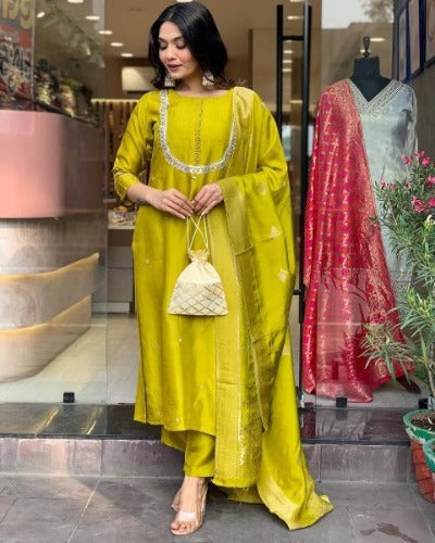 Lemon Green Cotton Adda Work Salwar Suit Set