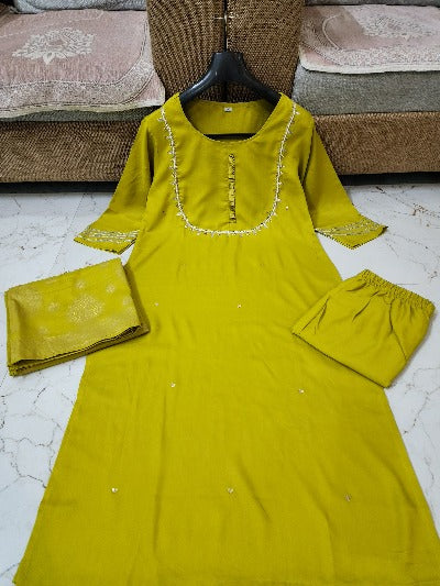 Lemon Green Cotton Adda Work Salwar Suit Set