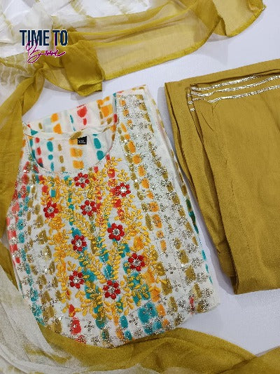 Women's Printed Embroiderd Cotton Anarkali Suit Set