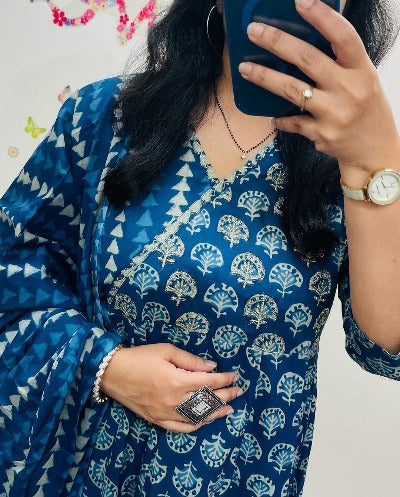 Blue Jaipuri Print Angharakha Style Anarkali Suit Set