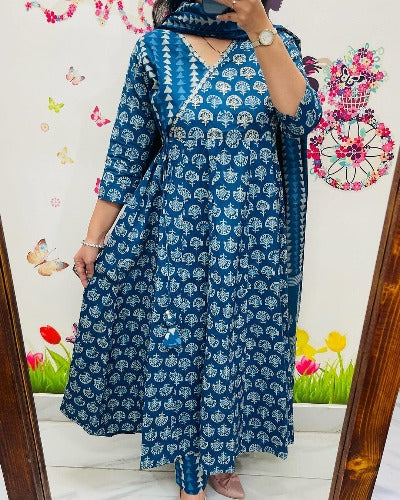 Blue Jaipuri Print Angharakha Style Anarkali Suit Set
