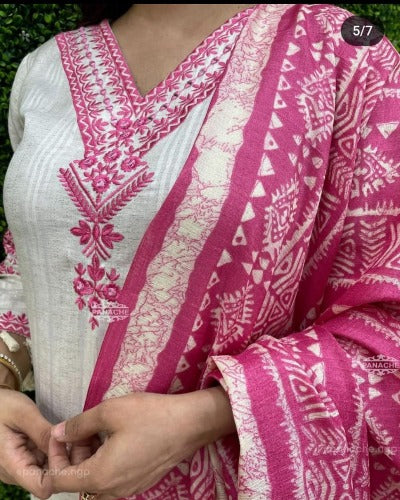 White Katha Work Salwar Suit With Pink Dupatta