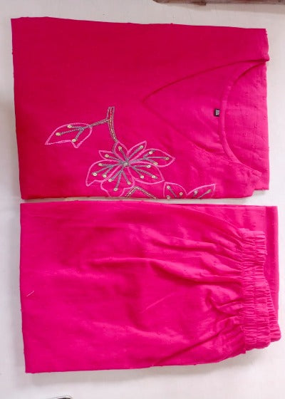 Pink Cotton Schiffli Kurti Pant Set Of 2