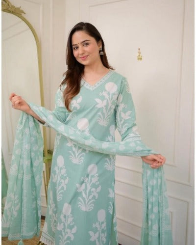 Pastel Green Cotton Anarkali Suit With Malmal Dupatta