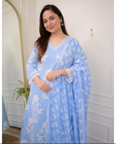 Powder Blue Cotton Anarkali Suit With Malmal Dupatta
