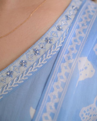 Powder Blue Cotton Anarkali Suit With Malmal Dupatta