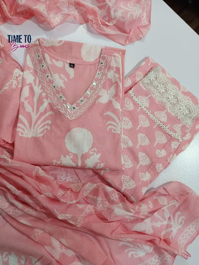 Pastel Pink Cotton Anarkali Suit With Malmal Dupatta