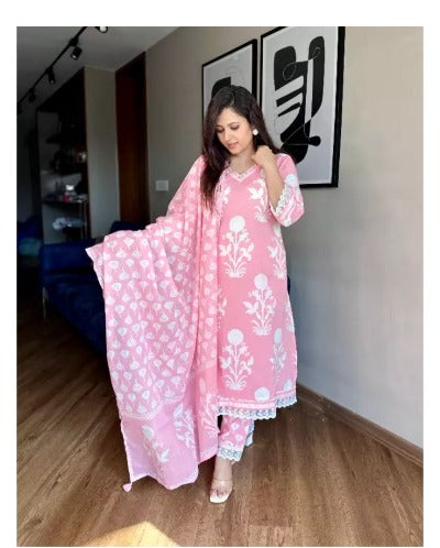 Pastel Pink Cotton Anarkali Suit With Malmal Dupatta